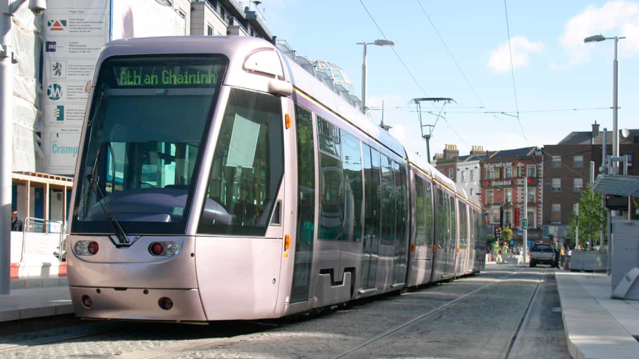 Luas suspended in Dublin city centre Luas suspended in Dublin city centre